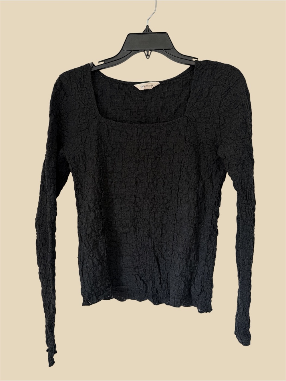 Lucky Brand Black Long Sleeve Textured Square Neck Top